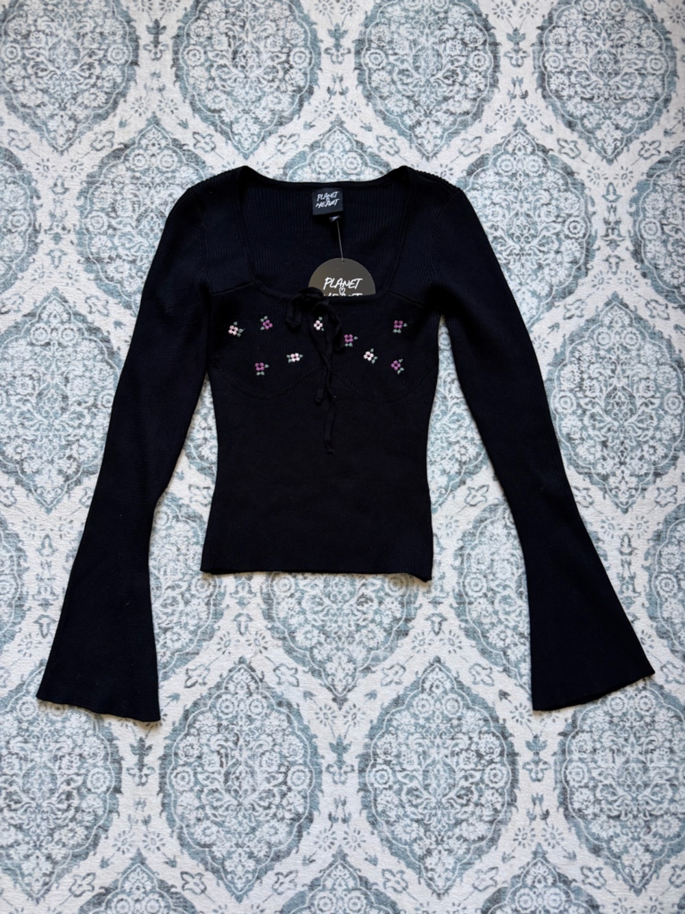 Black Ribbed Lace-Up Bell Sleeve Top